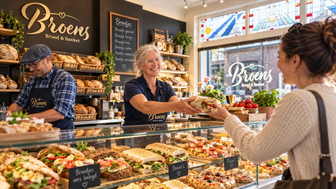 Medewerker van Broens maakt achter de toonbank een broodje klaar